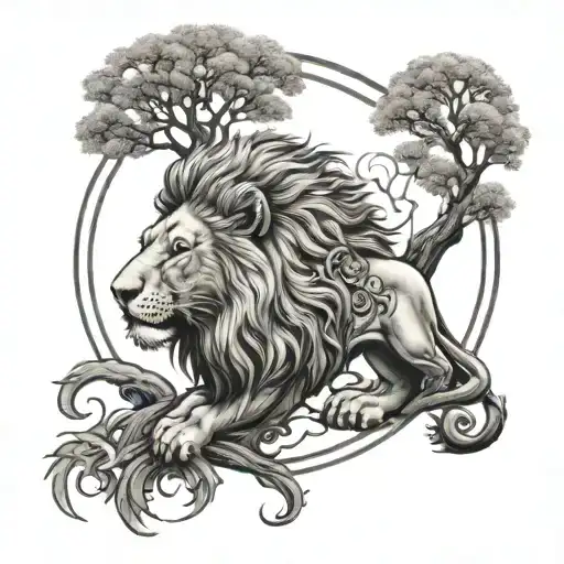 Calm Prideful Lion With Tree Of Life In Background
