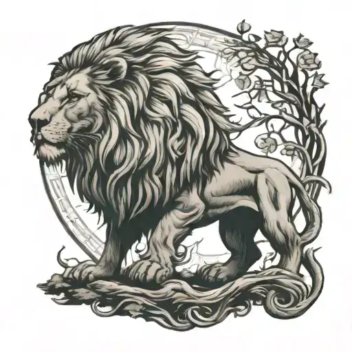 Calm Prideful Lion With Tree Of Life In Its Mane Showcasing Strength