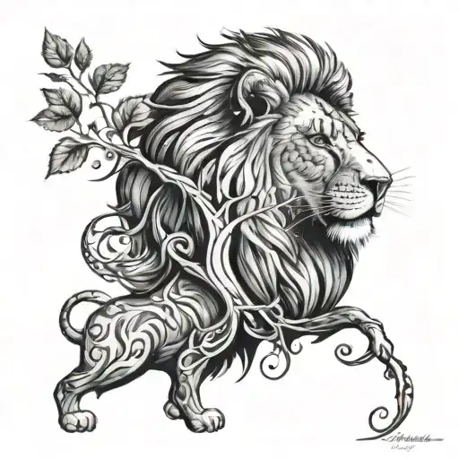 Calm Prideful Lion With Tree Of Life In Its Mane Showcasing Kindness And Strength