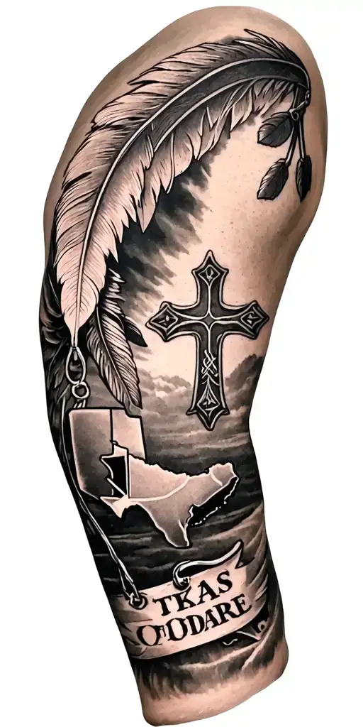 Western Are Sleeve Ideas For Men With A Cow Tag And Feathers And A Cross And State Of Texas