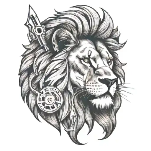 A Lion With Working Tools In The Mane