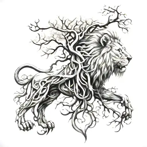 Tree Of Life With Roots Growing Out Into A Roaring Lion
