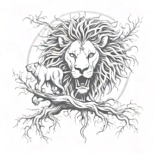 Tree Of Life With Roots Growing Out Into A Roaring Lion