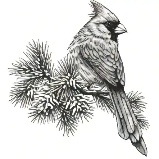 Cardinal Perched On Pine Trees Covered In Snow