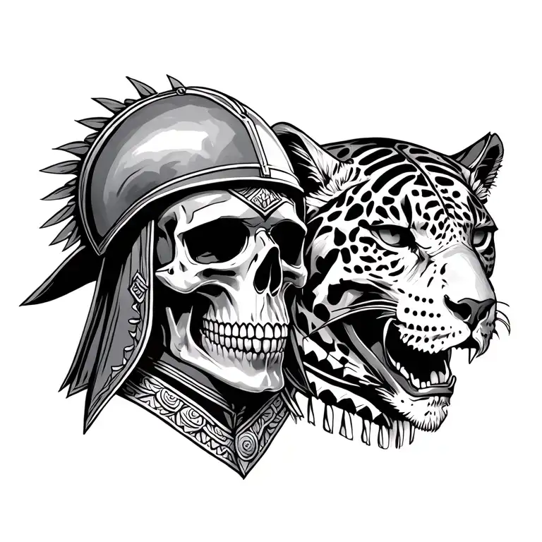 Conquistador Skull With Helmet Vs Azteca Jaguar Skull