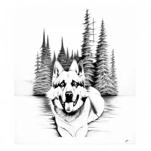 Forest With Mountains And A Lake With A German Shepherd Dog