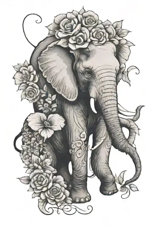 Mama Elephant We With Baby Elephant With Flowers