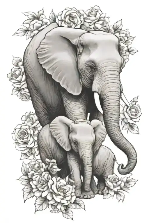 Mama Elephant We With Baby Elephant With Flowers No Shading