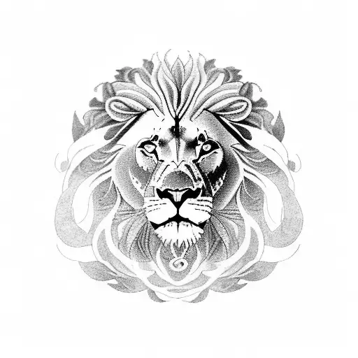 A Black And Grey Tattoo Of A Majestic Lion Surrounded By Mandalas And Flowers