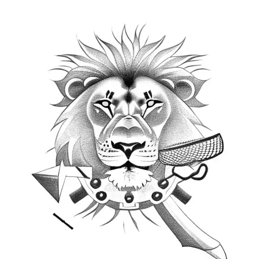 A Black-grey Tattoo Of A Japanese-inspired Lion Surrounded By Various Sports Equipment