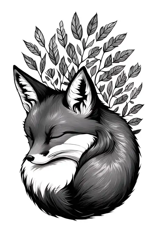 Sleeping Fox With Tail Turns Into Foliage Line Art