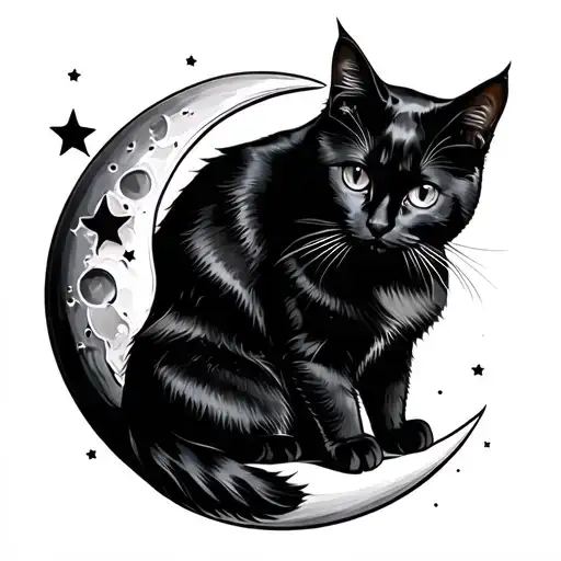 Black Cat Sitting Moon Surrounded