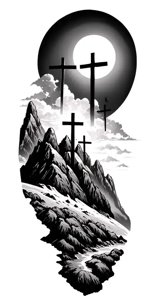 Mountain With Three Crosses On It With Sun In Background