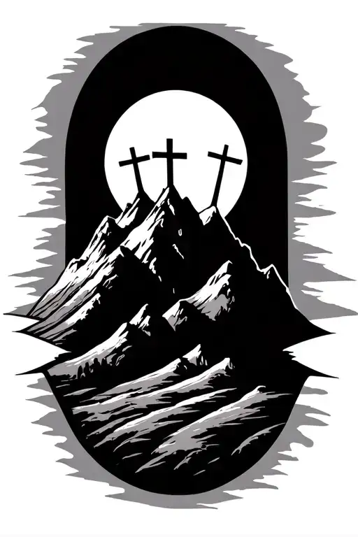 Mountain With Three Crosses On It With Sun In Background