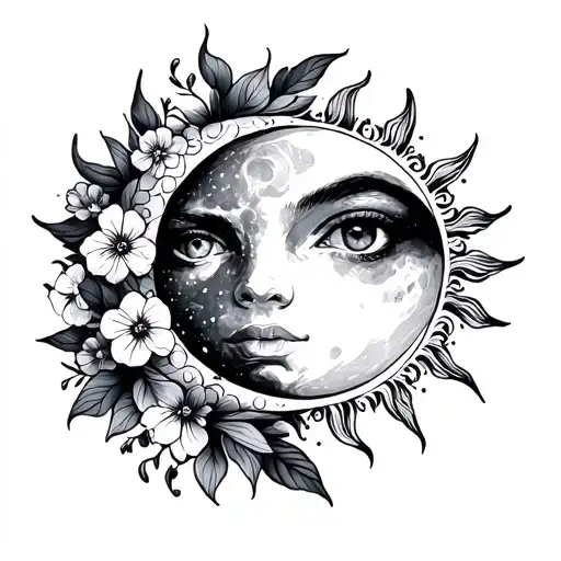 Moon And Sun Together With Floral