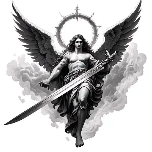Arc Angel Decending From Heaven With A Sword And Wings Spread Open