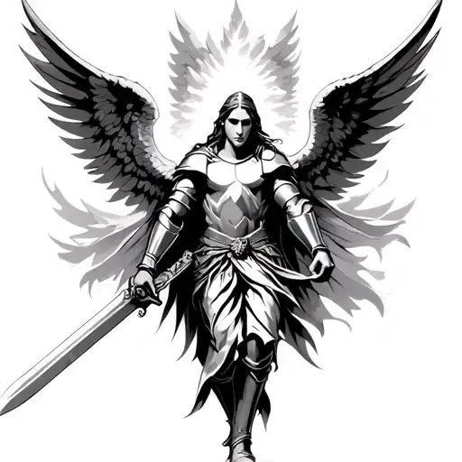 Strong Knight Arc Angel Decending From Heaven Holding A Sword And Wings Spread Open