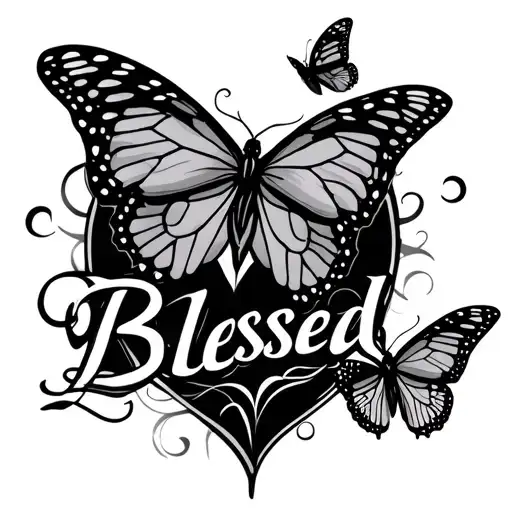 Blessed In Writing And 3 Butterflies Surrounding The Word