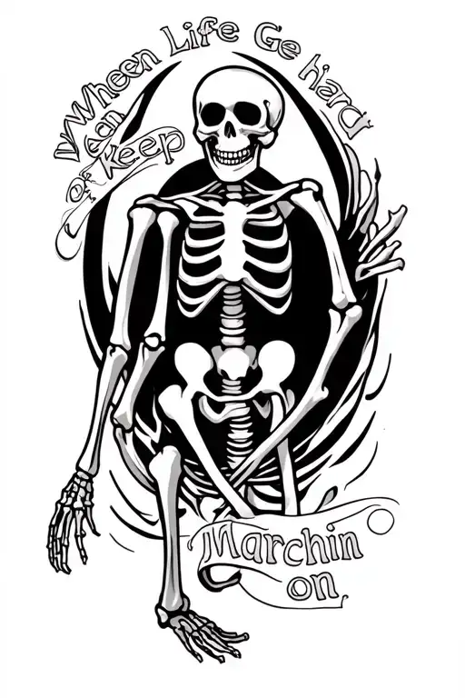 Skeleton Waking With The Words When Life Gets Hard Keep On Marchin On Curved Around The Skeleton