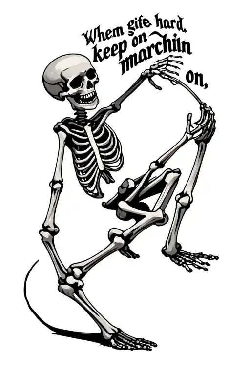 Skeleton Waking With The Words When Life Gets Hard Keep On Marchin On Curved Around The Skeleton
