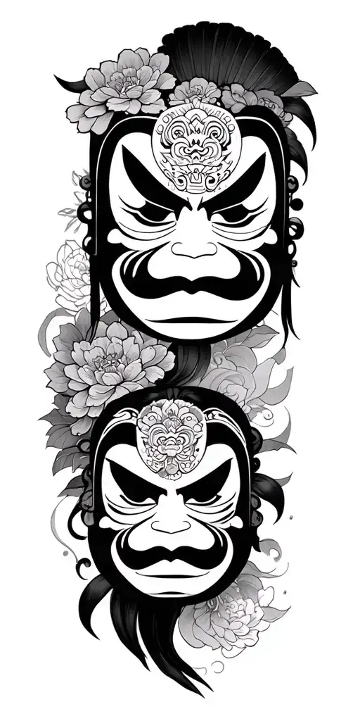 Japanese Daruma Doll And Henya Mask Chest And Arm Sleeve
