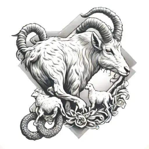 Goat Hanging On Cross With A Snake And Lamb Watching