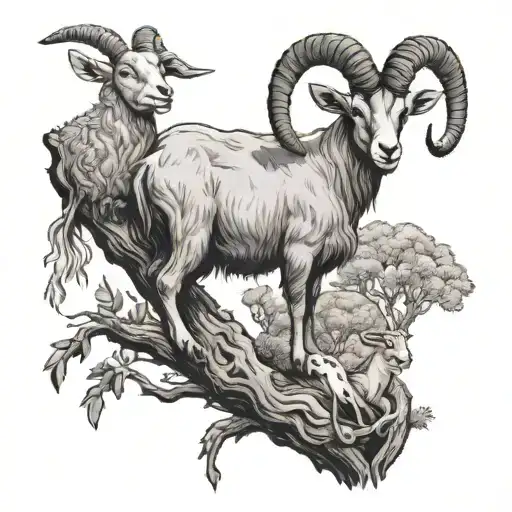 Goat Hanging On A Tree With A Snake And Lamb Watching