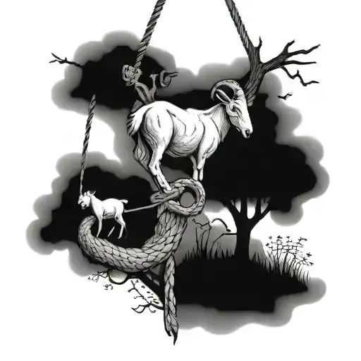 Goat Hanging From A Rope On A Tree With A Snake And Lamb Watching