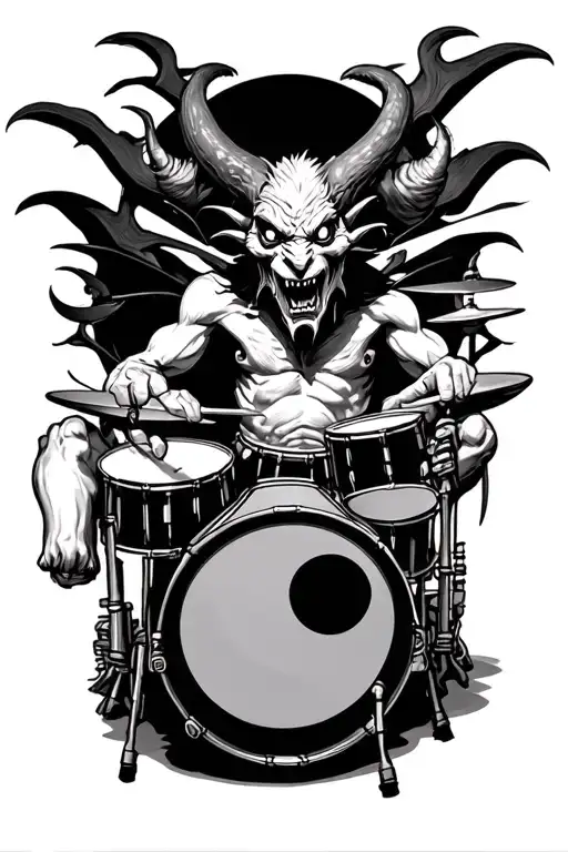 Create A Tattoo Of A Demon Playing A Drum Set In A Biomechanical Style