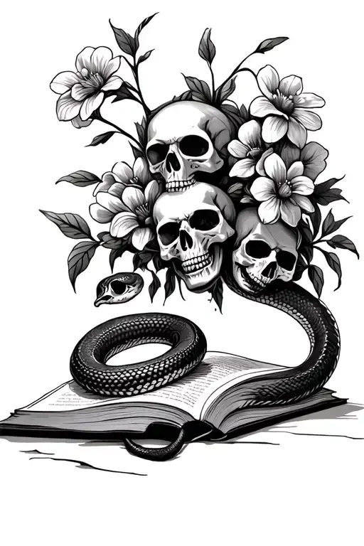 Snake With Flowers Growing Out Of A Book With Skulls