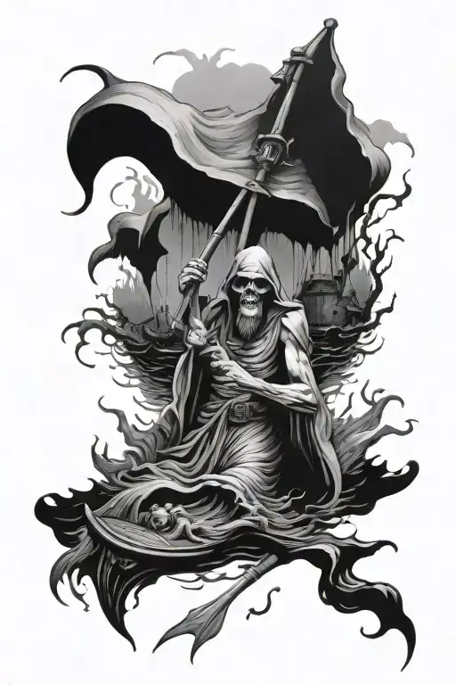 Charon In Ferry With Lost Souls Reaching Out The Water