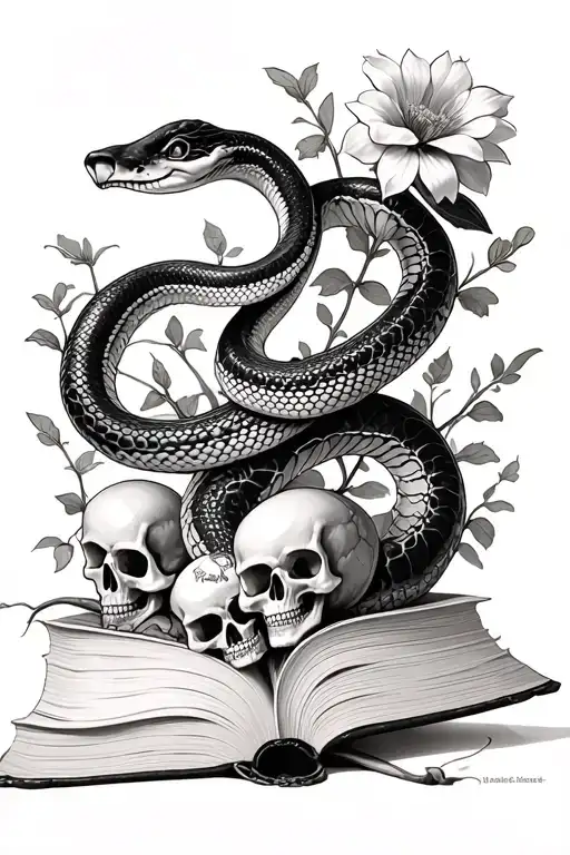 Fine Art Snake With Flowers Growing Out Of A Book And Small Skulls Around