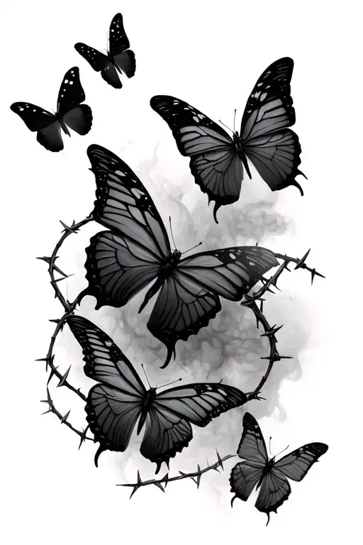 Barbed Gothic Wire With Dark Smokey Butterflys Floating Next To It