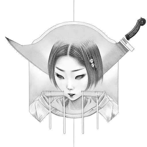 A Black And Grey Portrait Of A Japanese Woman Holding A Fan Made Of Knives