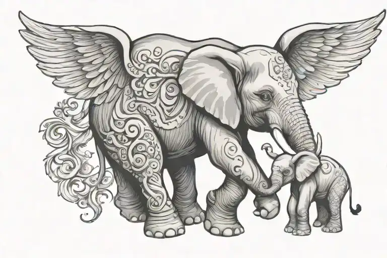 Elephant With Wings Holding Baby With Wings