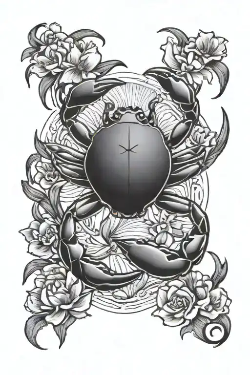 Tattoo That Says Saint With Cancer Crab Surrounded By Water Lilys