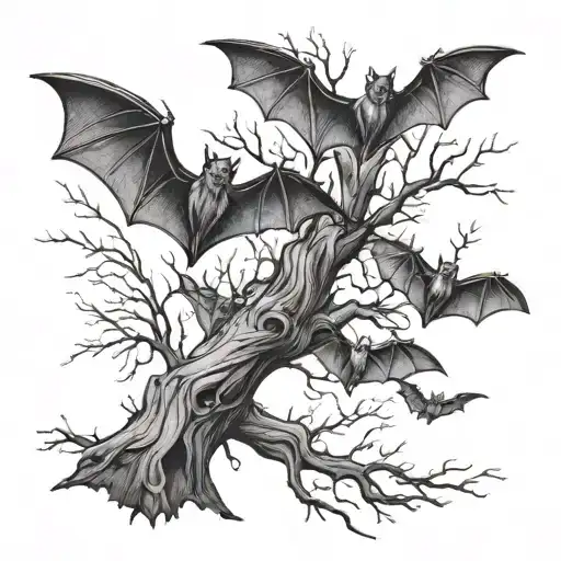 Bats Flyin Near Dead Tree