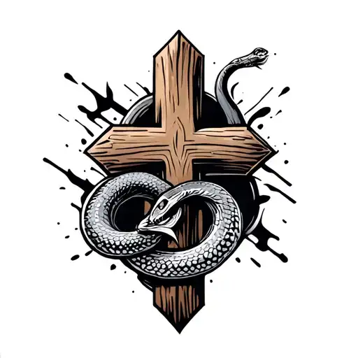 Wooden Cross Tattoo Featuring A Snake Horizontal Line