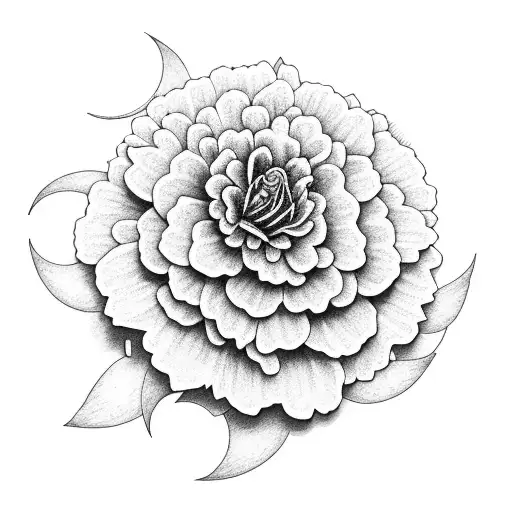 Marigold Flower Surrounded By Carnation Flower With Moon An Sun Rays Included