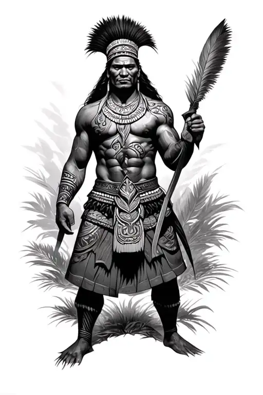 Maori Warrior With A Patu Before Battle Field