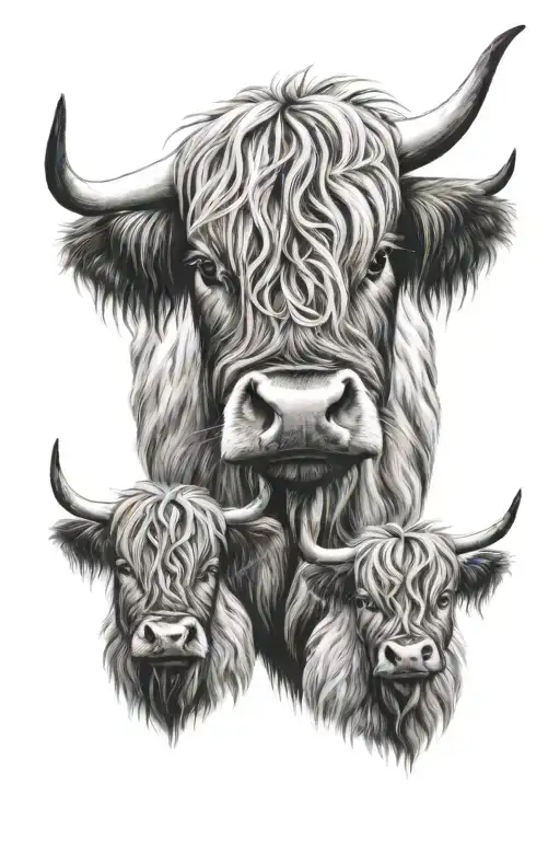 Highland Cow With Two Highland Cow Babies One A Little Bigger Than The Other