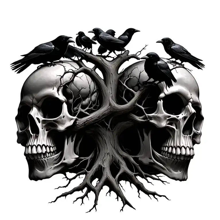 Dead Tree Growing Out Of 2 Skulls With Crows In It