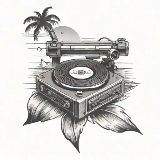 A Black-grey Tattoo Of A Record Player With A Beach Sunset In The Background