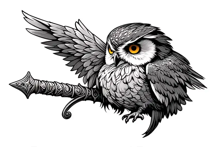 Owl And Sword Wood Cut Style