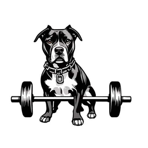 A Dog With A Collar Around Its Neck And A Chain With A Barbell On It