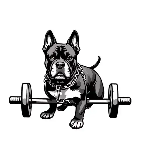A Dog With A Collar Around Its Neck And A Chain With A Barbell On It