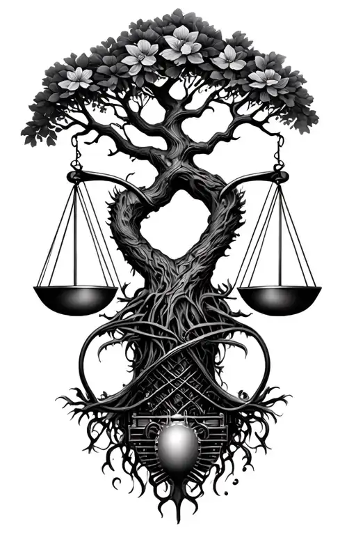 Tree Of Life Intertwined With Libra Scale And V-twin Engine