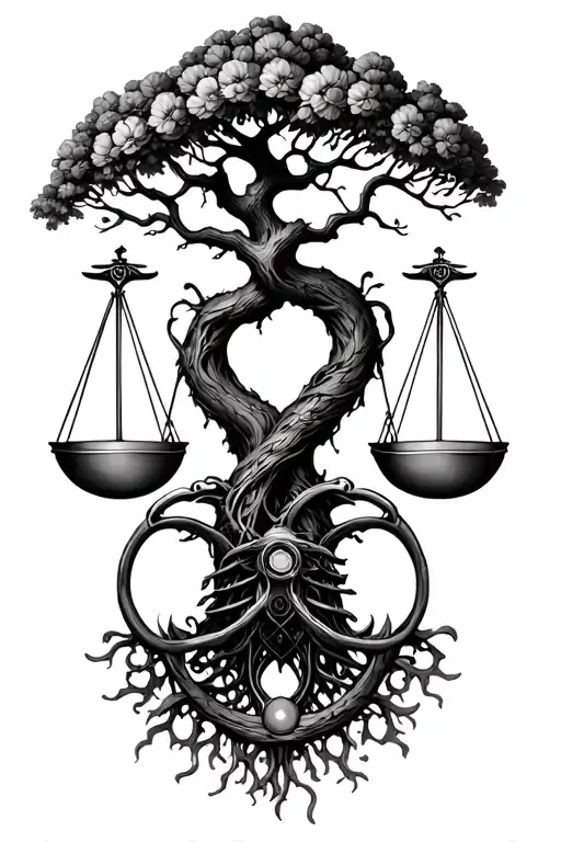 Tree Of Life Intertwined With Libra Scale And V-twin Engine