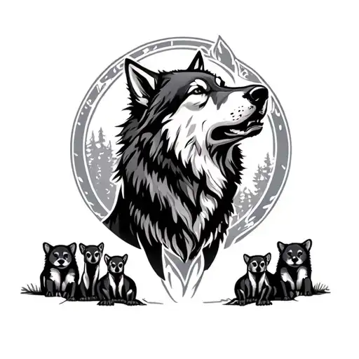 Howling Wolf With 6 Cubs Underneath