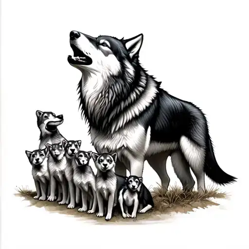Realistic Howling Wolf With 6 Cubs Underneath Standing